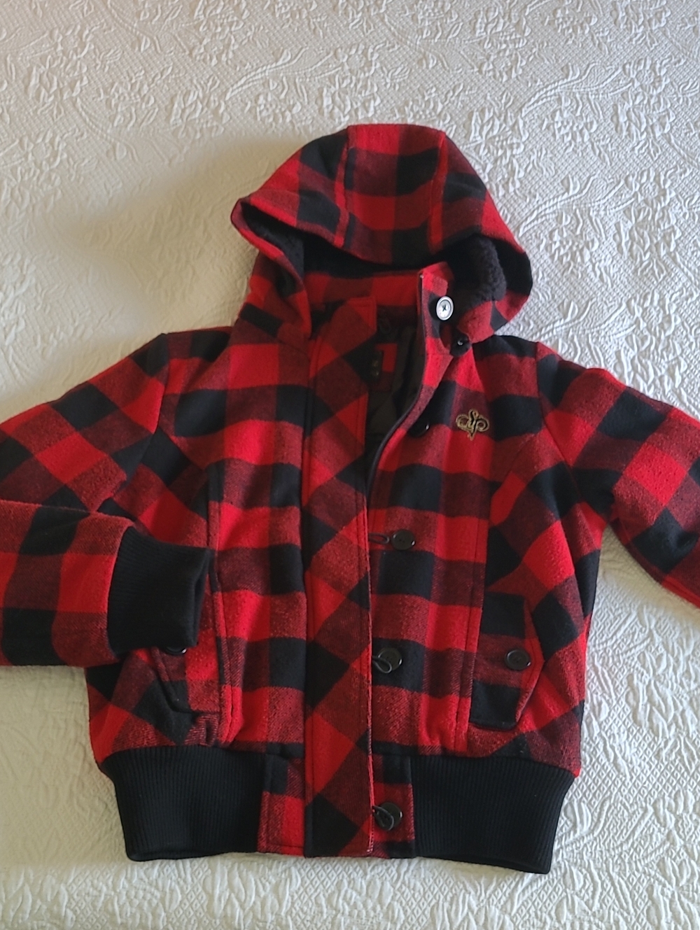 South Pole Buffalo Plaid Jacket Size M, Removable Hood, Zips & Buttons
